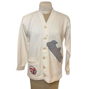 Varsity Sweater Vintage 1968 Indians Button Front V-Neck White